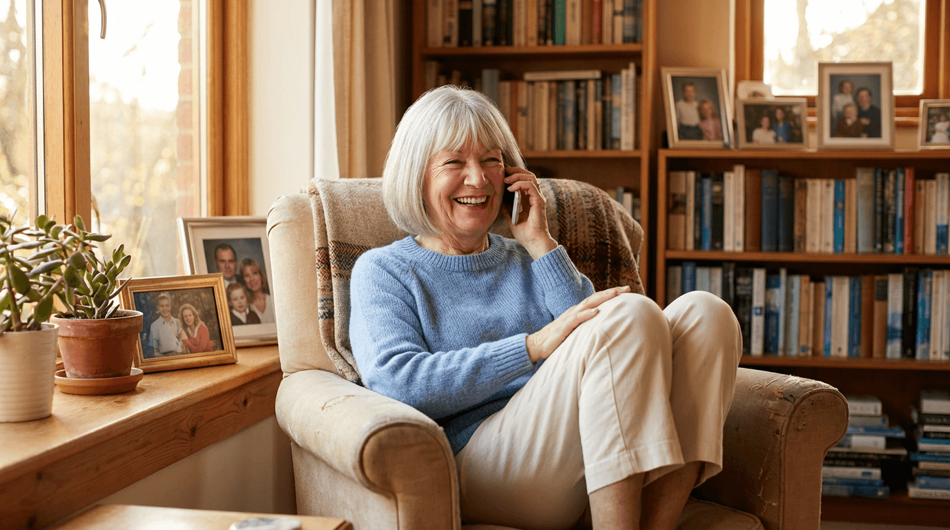 Elderly woman enjoying a phone conversation with CareFriend AI companion